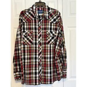 Wrangler Western Shirt Mens XXL Red Black Gold Plaid Pearl Snap Long Sleeve